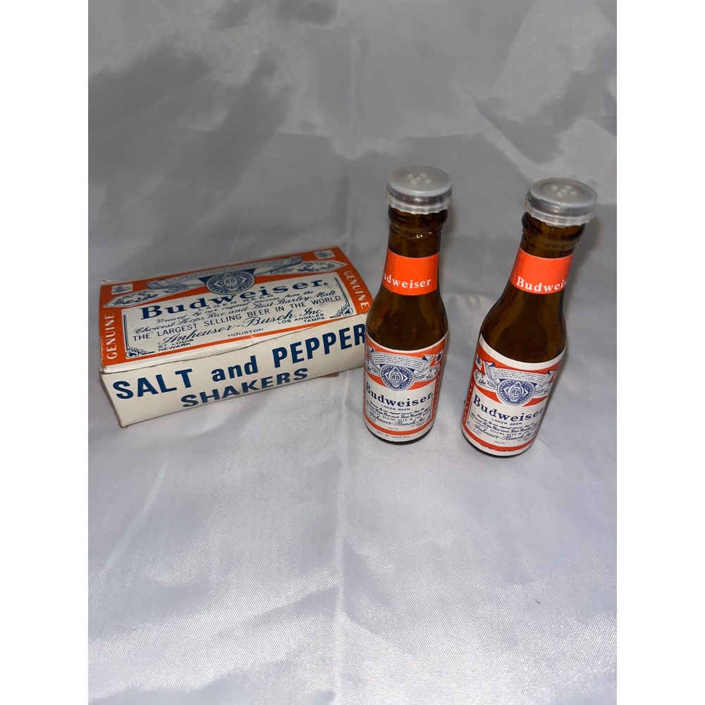 Vintage Budweiser Beer Bottle Salt and Pepper Shakers Set with Original Box